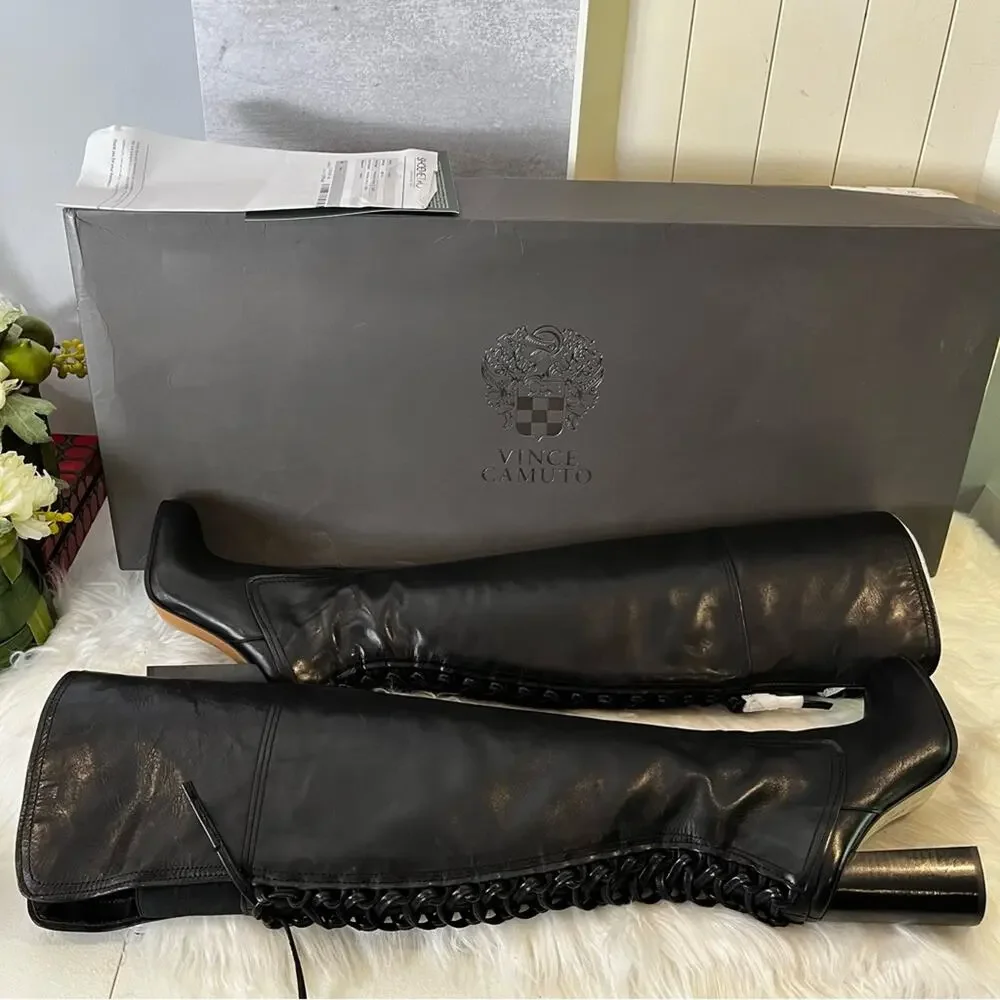 NEW Vince Camuto Corset Calf Leather Laced Tolla Over The Knee Boots Black Sz 6